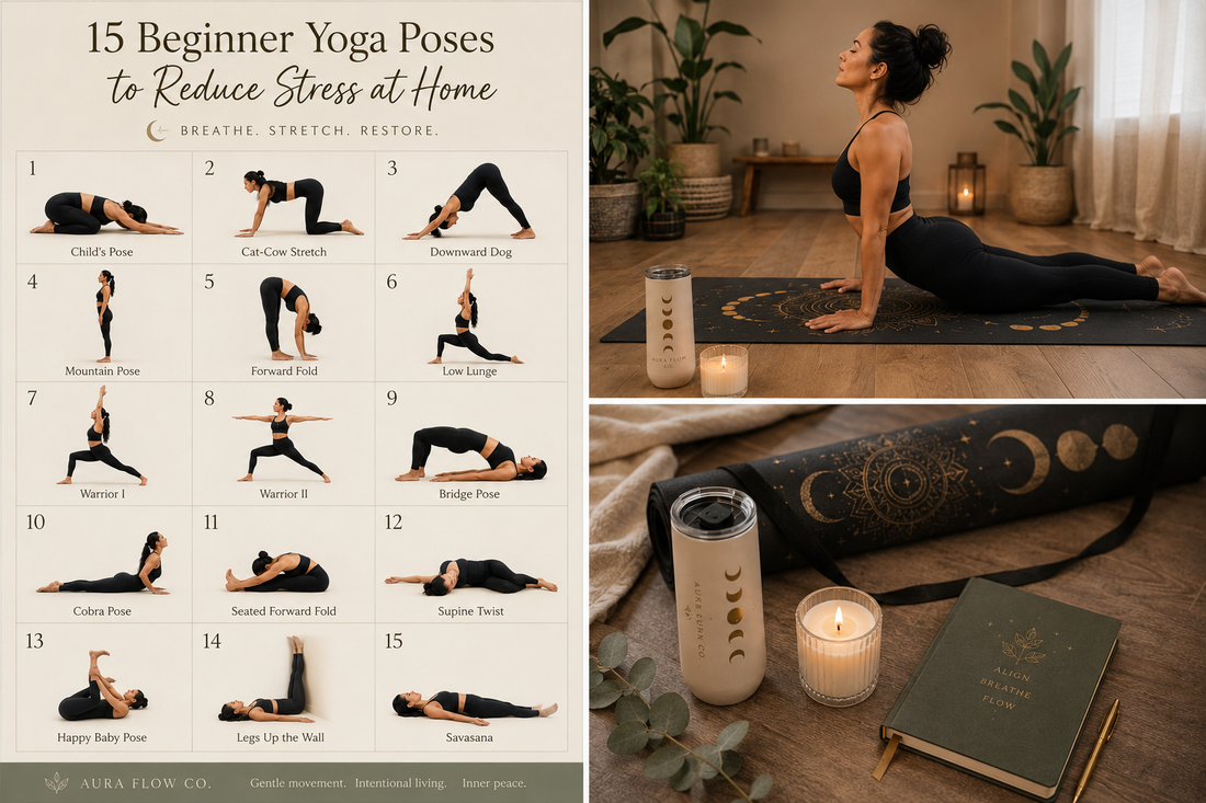 15 Beginner Yoga Poses to Reduce Stress at Home | Easy Yoga for Stress | Aura Flow Co.