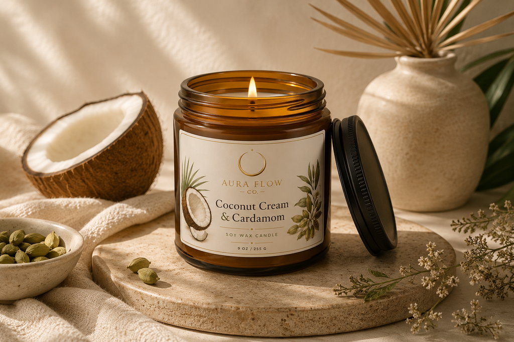 Coconut Cream & Cardamom Soy Candle | Luxury Aromatherapy Candle in Amber Glass Jar
