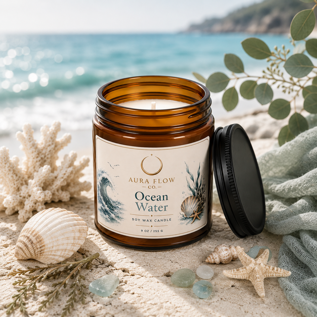 Ocean Water Soy Candle | Luxury Ocean Breeze Aromatherapy Candle in Amber Glass Jar 9oz