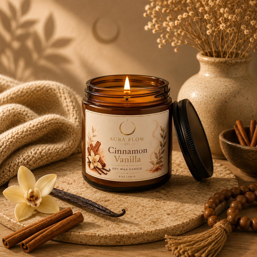 Cinnamon Vanilla Soy Candle | Luxury Warm & Cozy Aromatherapy Candle in Amber Glass Jar 9oz