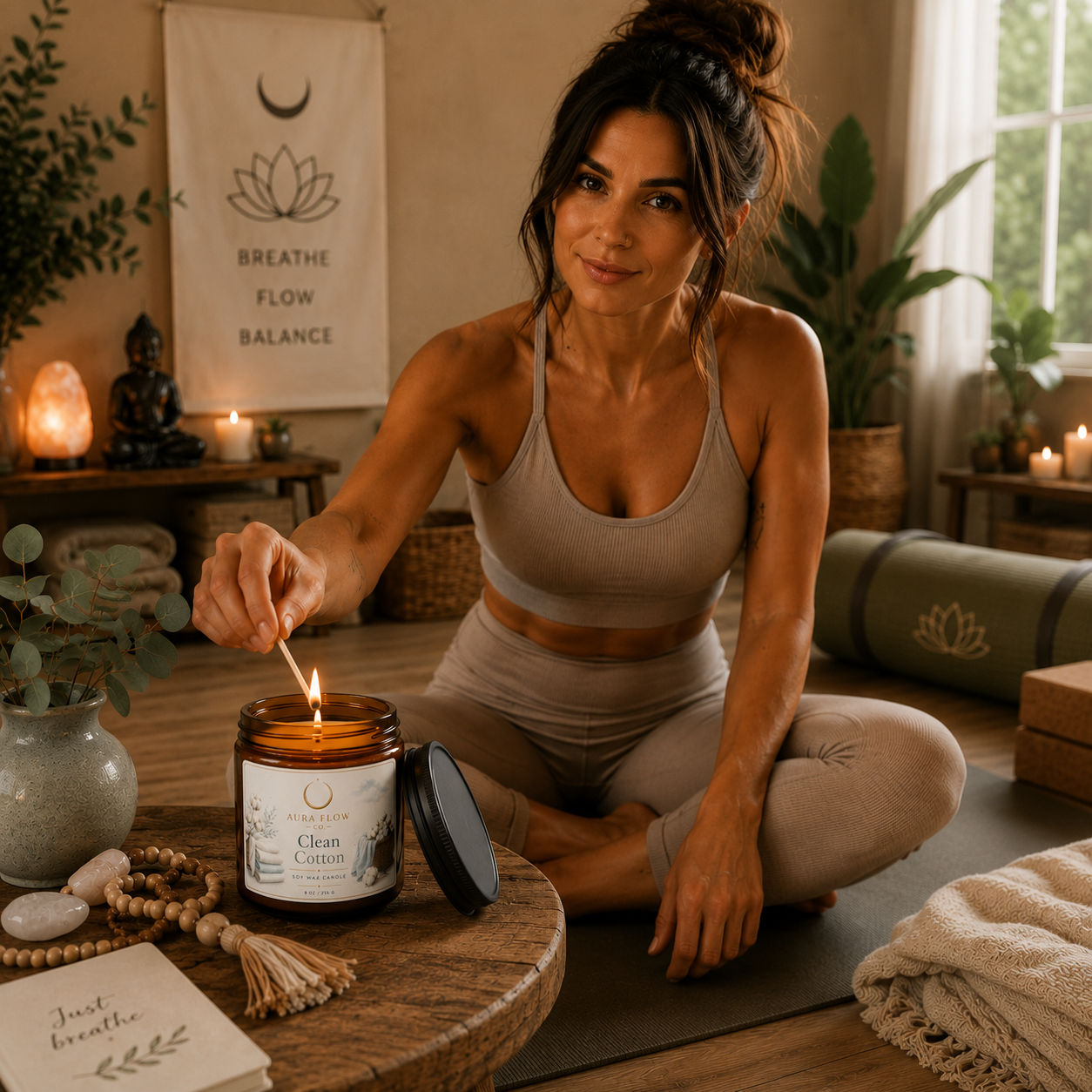 Clean Cotton Soy Candle | Luxury Fresh Linen Aromatherapy Candle in Amber Glass Jar 9oz