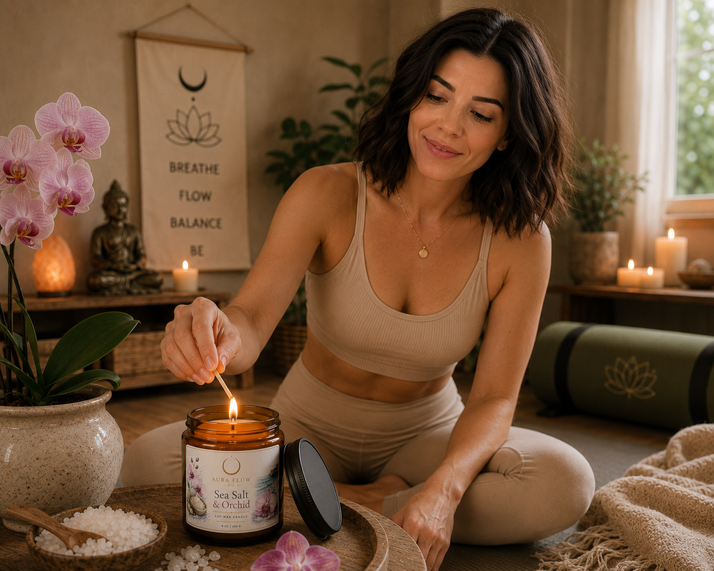Sea Salt & Orchid Soy Candle | Luxury Coastal Aromatherapy Candle in Amber Glass Jar 9oz