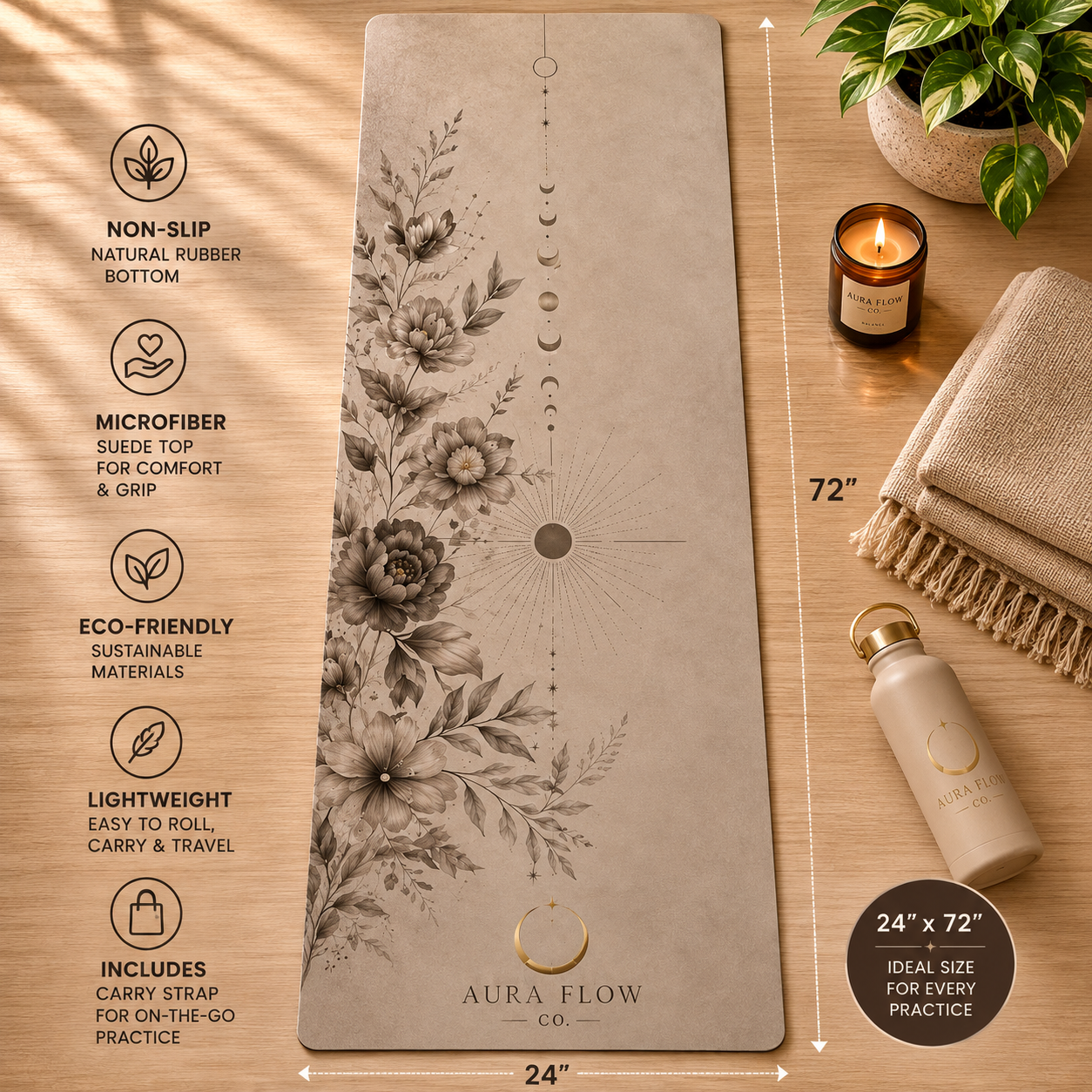 Neutral Moon Garden Yoga Mat | Premium Non-Slip Natural Rubber Yoga Mat