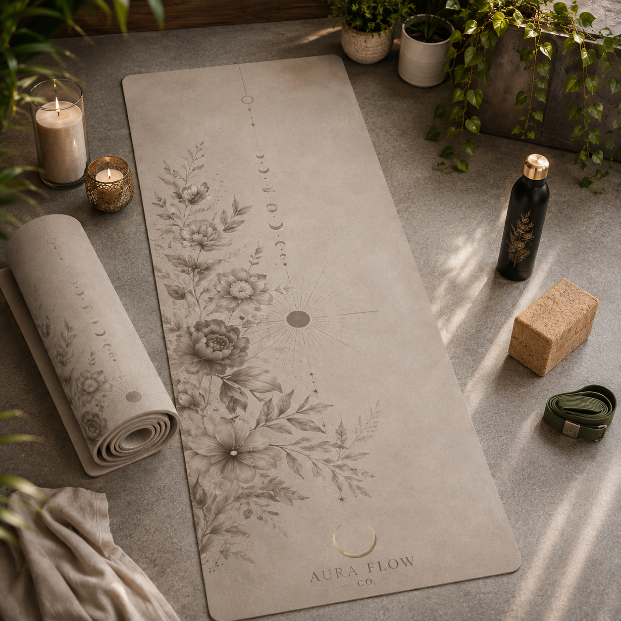 Neutral Moon Garden Yoga Mat | Premium Non-Slip Natural Rubber Yoga Mat