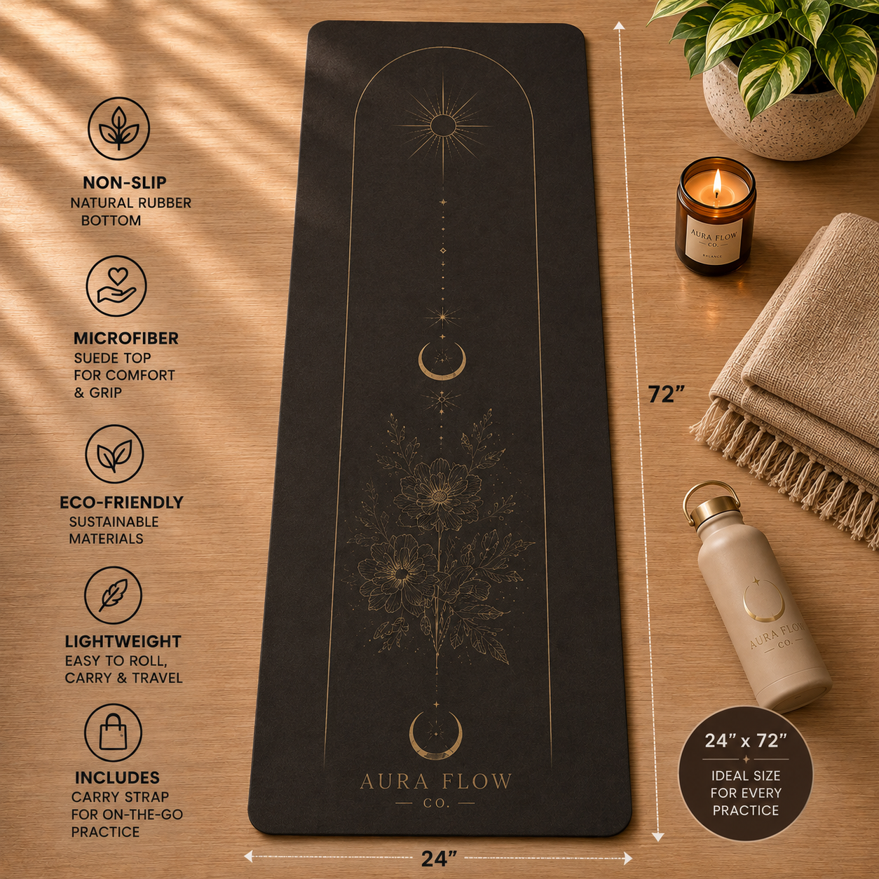 Midnight Bloom Yoga Mat | Premium Non-Slip Natural Rubber Yoga Mat