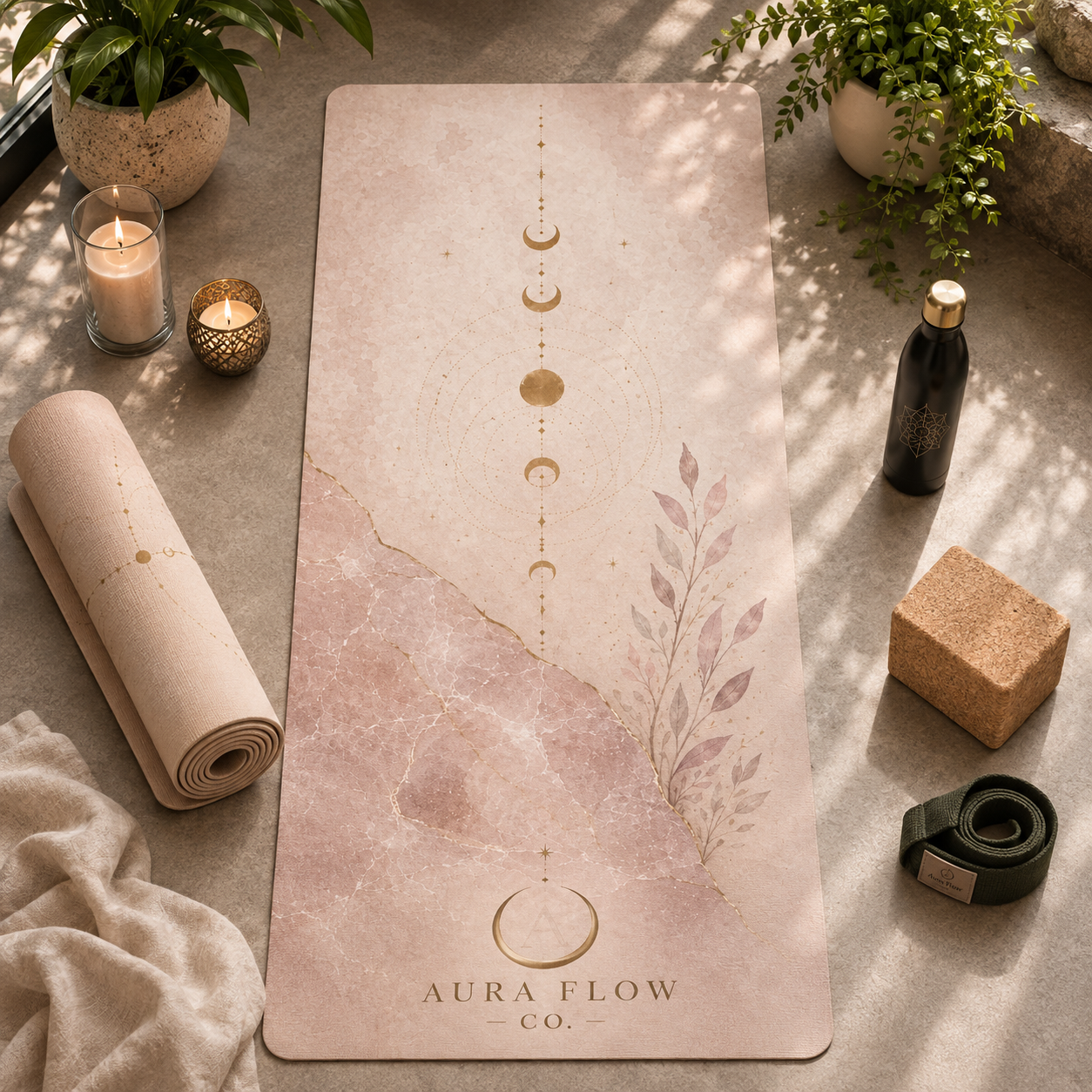 Rose Quartz Moon Yoga Mat | Premium Non-Slip Natural Rubber Yoga Mat