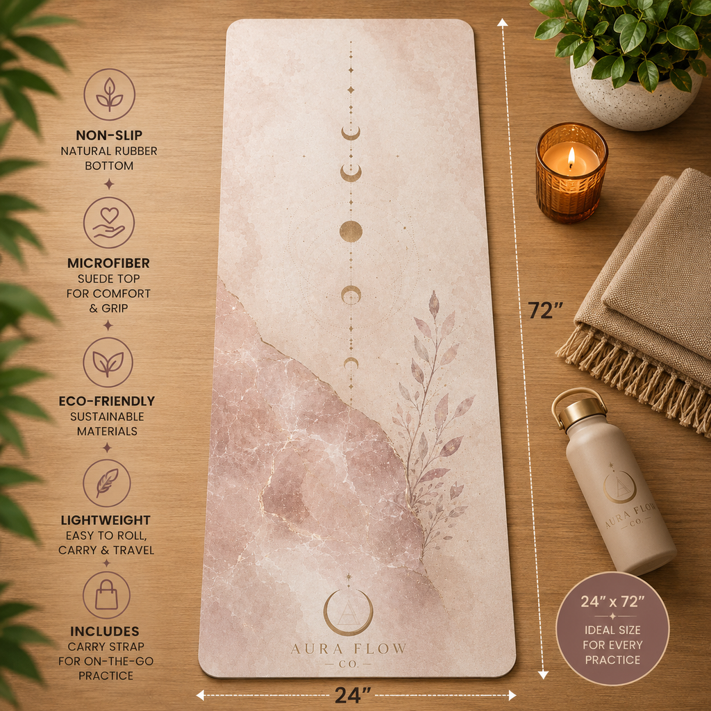 Rose Quartz Moon Yoga Mat | Premium Non-Slip Natural Rubber Yoga Mat