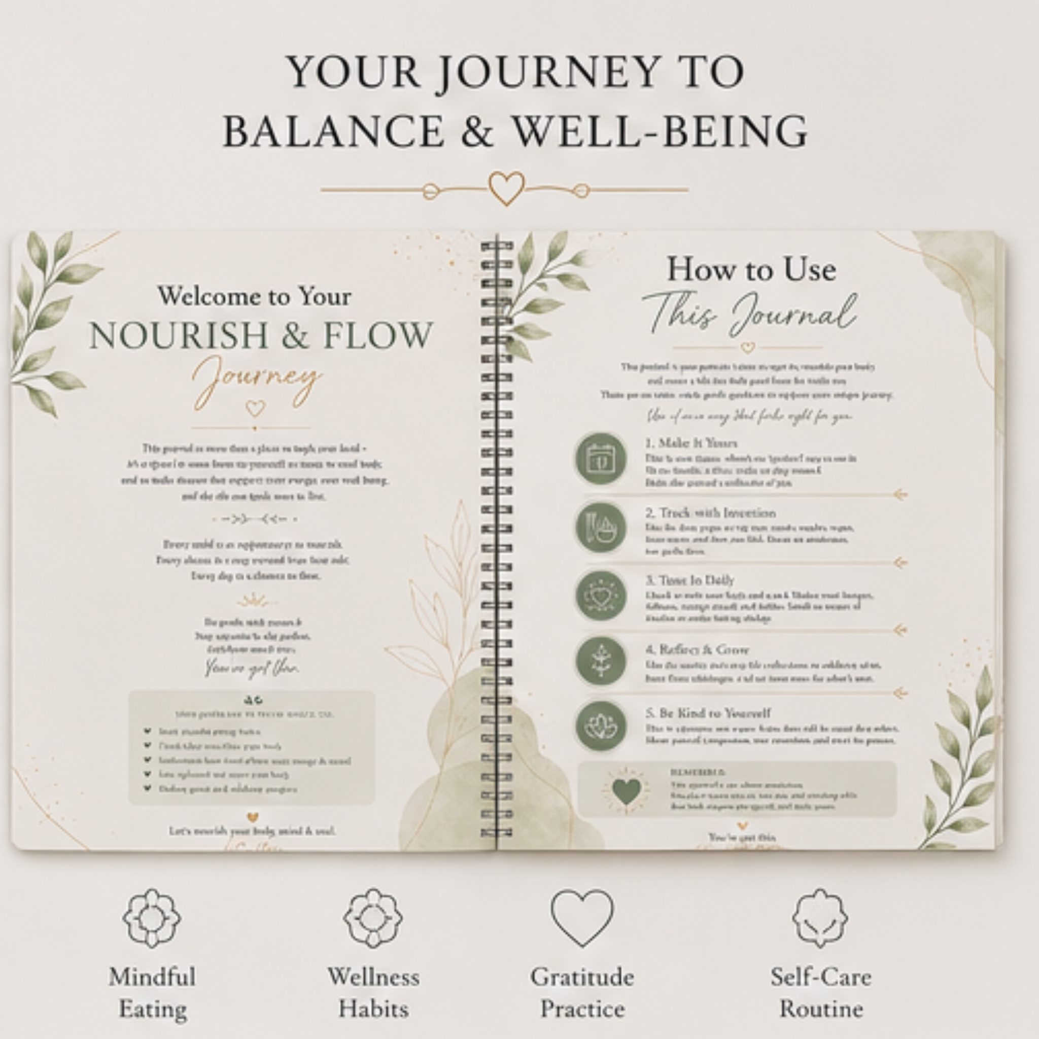 Nourish & Flow: A Mindful Food & Wellness Journal | Digital Download Wellness Planner, Food Tracker, Meal Planner & Healthy Habit Journal