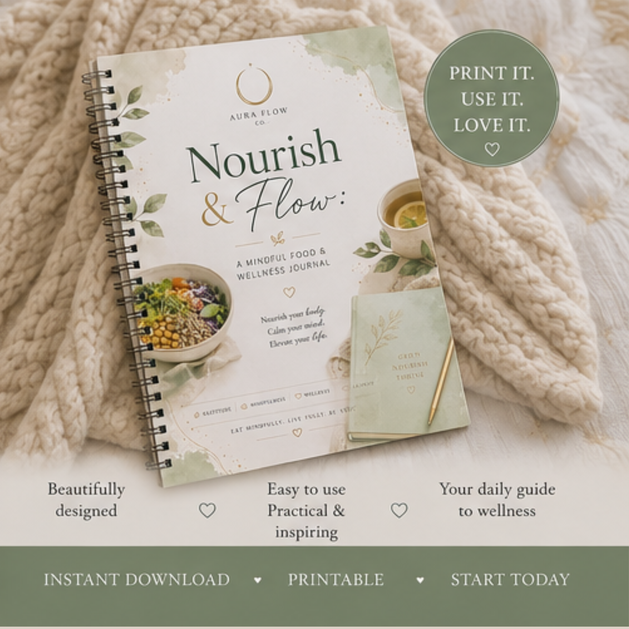 Nourish & Flow: A Mindful Food & Wellness Journal | Digital Download Wellness Planner, Food Tracker, Meal Planner & Healthy Habit Journal