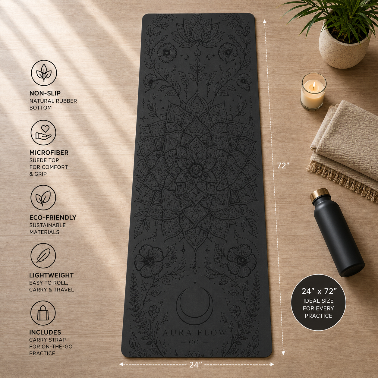 Nocturnal Bloom Mandala Yoga Mat | Premium Non-Slip Rubber Yoga Mat