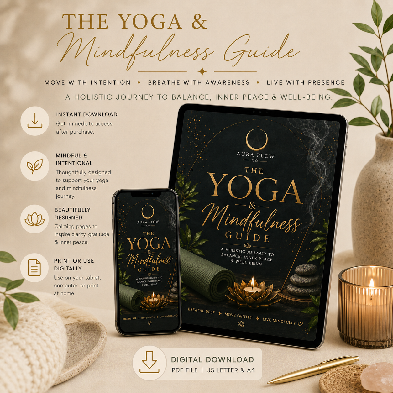 Aura Flow Co. Yoga & Mindfulness Guide Printable Self-Care Planner | PDF Download