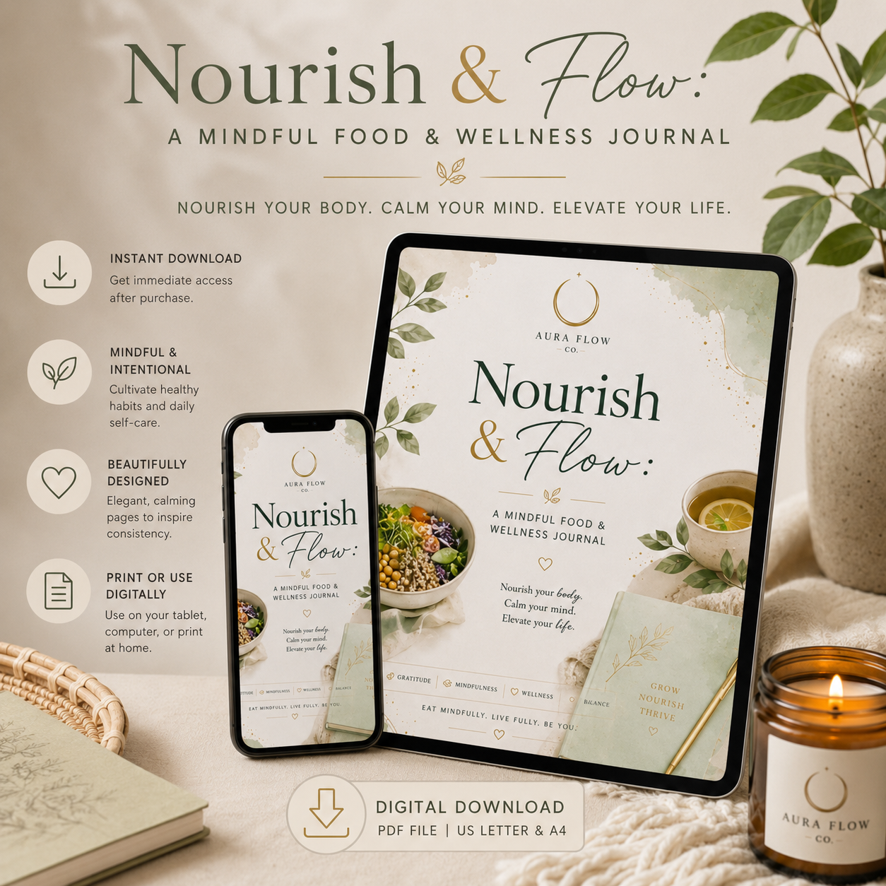 Nourish & Flow: A Mindful Food & Wellness Journal | Digital Download Wellness Planner, Food Tracker, Meal Planner & Healthy Habit Journal